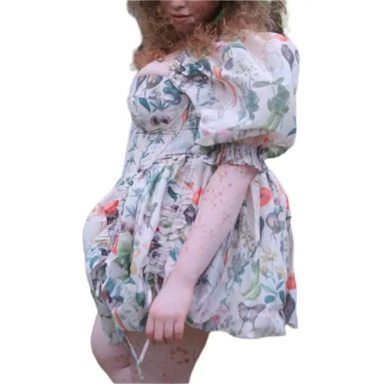 Selkie Collection SS25 Short Sleeved Dress Women's Apricot With Gathered Heroes Print-1