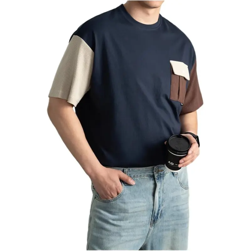 Spanu T Shirts Men Navy Blue & Apricot & Brown-3