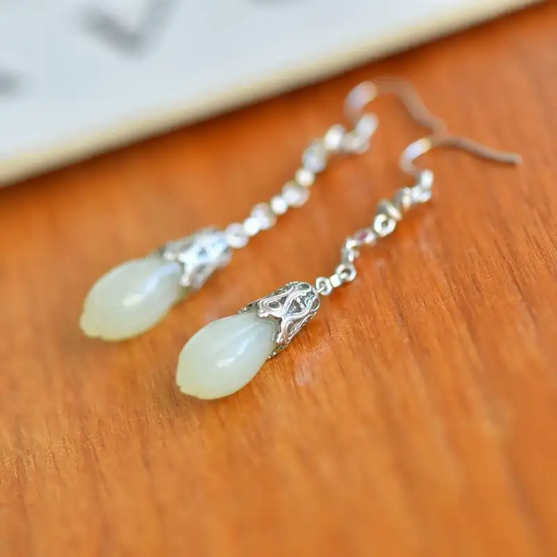 JUNWEN Hetian Jade Earrings Pale Greenish White Jade Women's-1