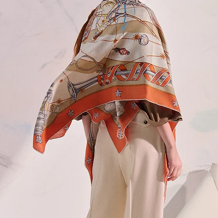 HERMES Cashmere Mulberry Silk Shawls Unisex Orange-2