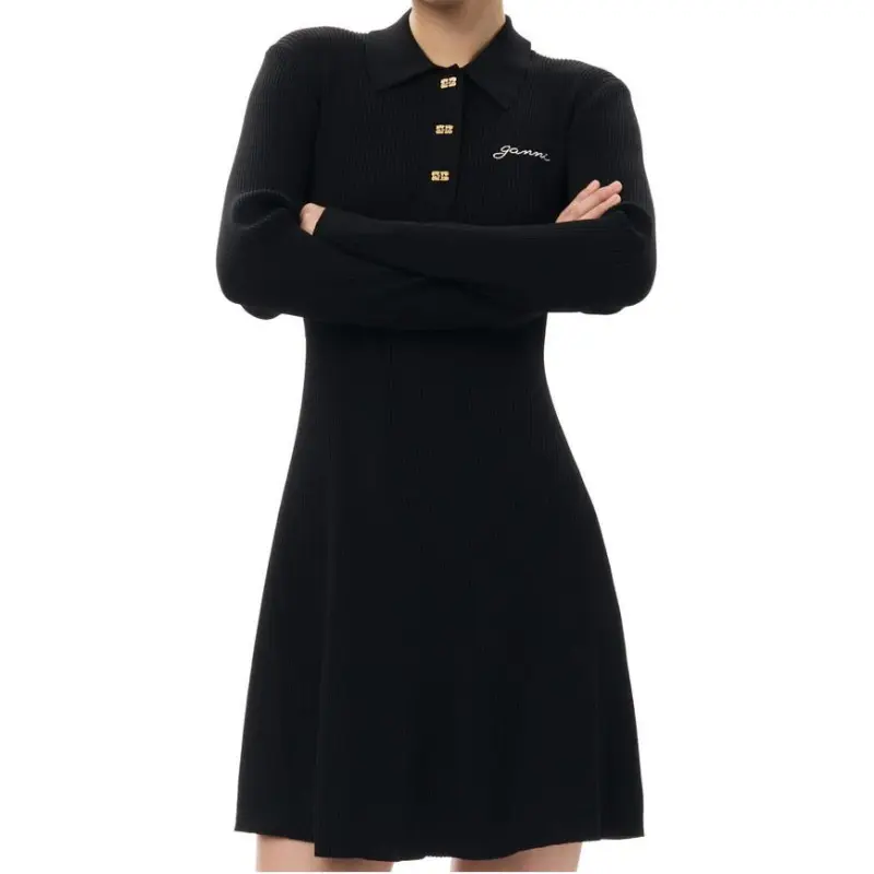 GANNI Embroidered logo Ribbed Mini Dress-4