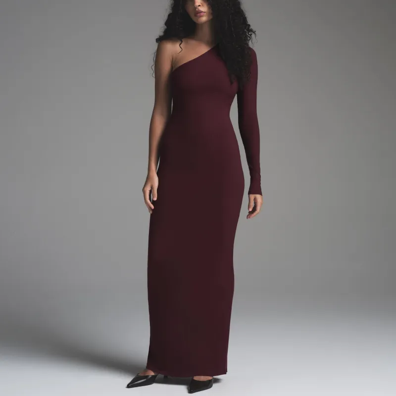 SKIMS FW24 SOFT LOUNGE ONE SHOULDER LONG DRESS Long Sleeved Dress Women's Bordeaux/Burgundy-1