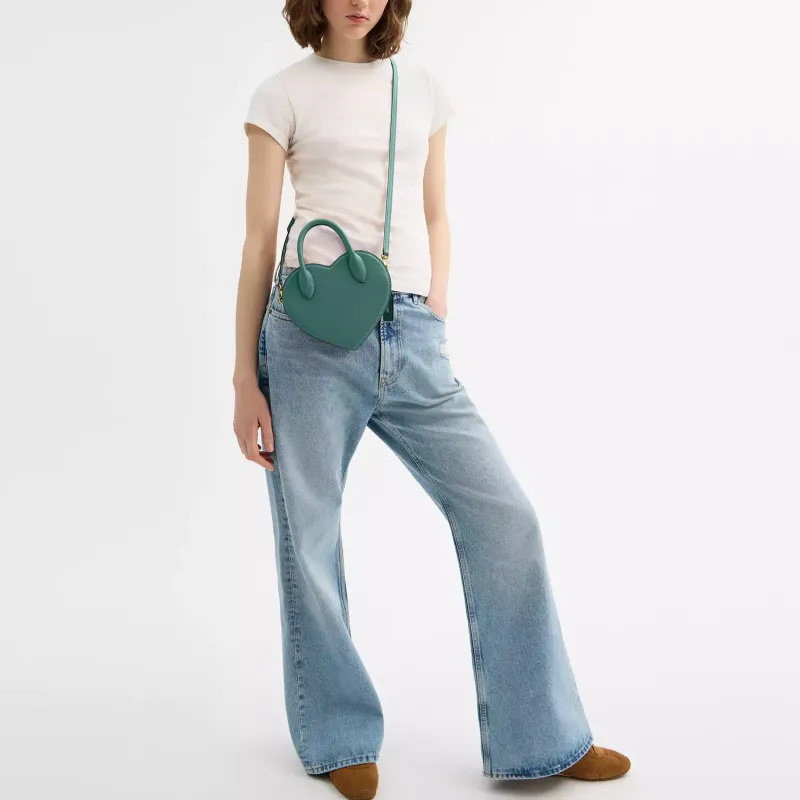 COACH Leather Heart Shaped Bag, One Shoulder Handbag Trumpets Women's Green-8