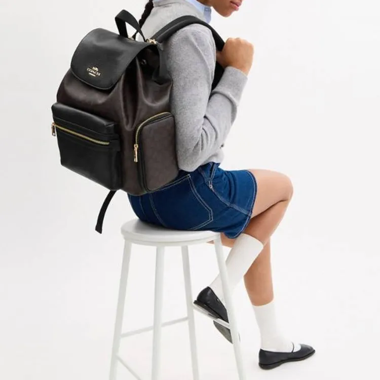 COACH Baby Signature Coated Canvas Backpack Tubas Women's Dark Brown & Black-4