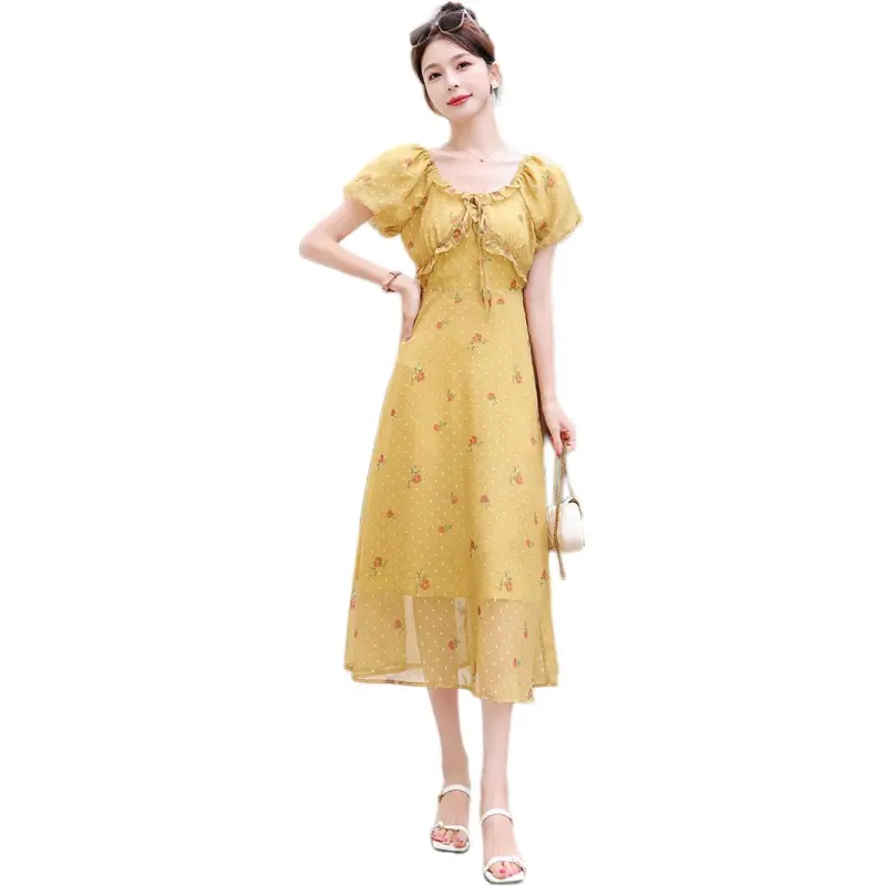 Fele.d Short Sleeved Dress Women's Yellow-1