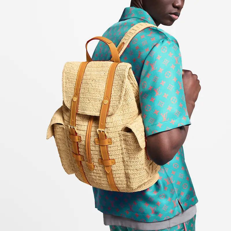 LOUIS VUITTON CHRISTOPHER Raffia Backpack Trumpets Men's Beige & Brown-6