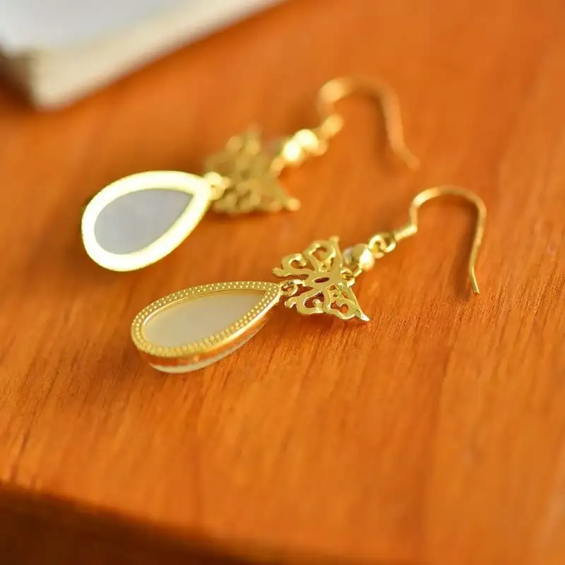 Gifts Hetian Jade Earrings Pale Greenish White Jade Unisex-3
