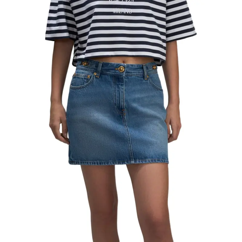 VERSACE Logo Patch Denim Skirt-2