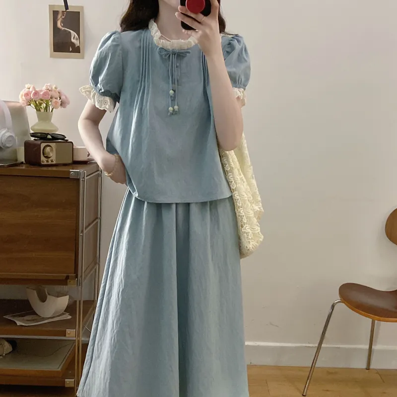 GULIANFEI Skirt Set Women's Light Blue-6