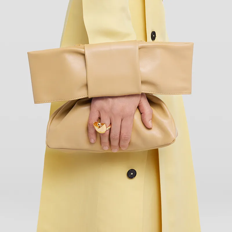 JIL SANDER Lambskin One Shoulder Handbag Clutch Medium Size Women's Beige-3