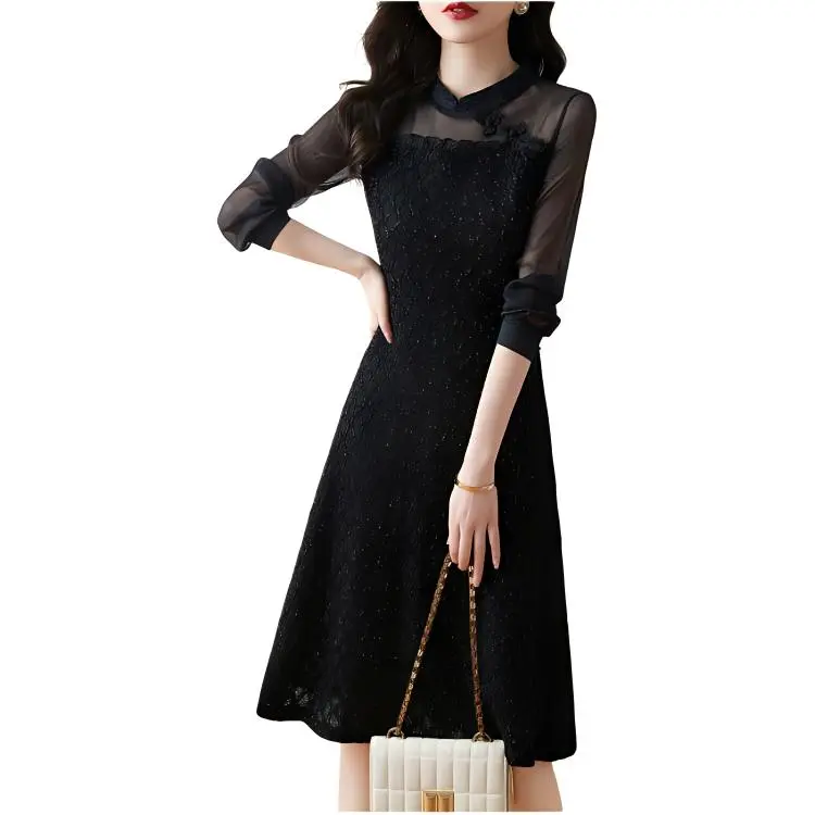 Mo Han Yi Mei Long Sleeved Dress Women's Black-4