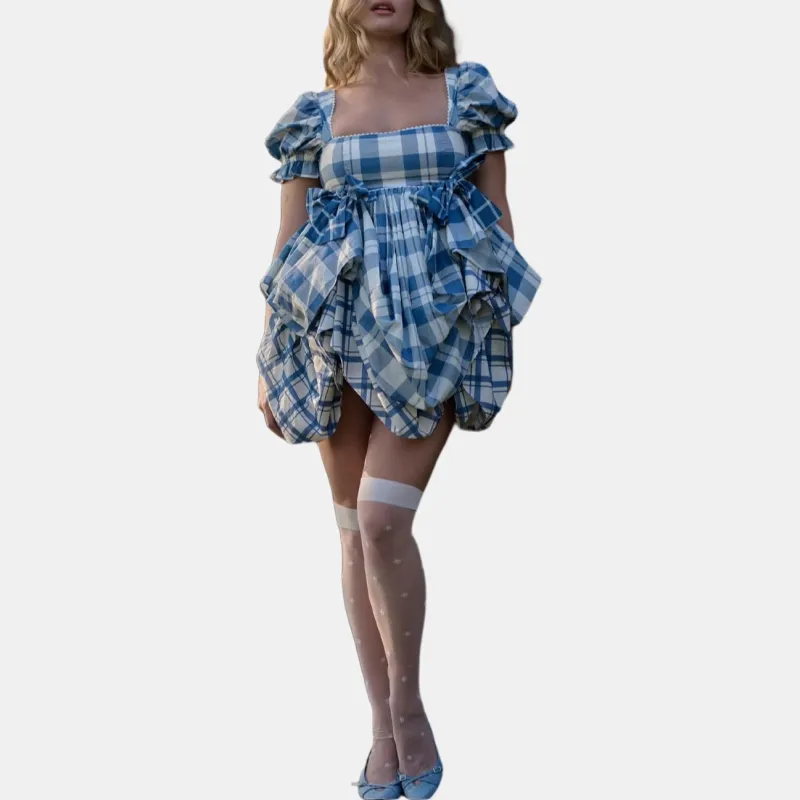 Selkie Collection FW24 Short-Sleeved Dresses Women's Navy Blue Bottom White Plaid Tea Towel Print-2