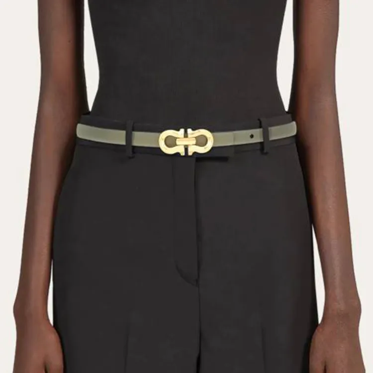 FERRAGAMO Logo Identification Calfskin Leather Belts Women's Gray/Black Width 1.5cm-1