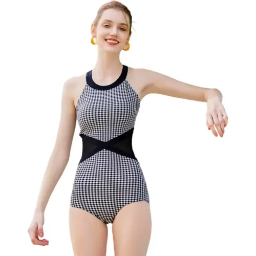 ZOKE One-Piece Swimsuits Women's Black White Plaid
