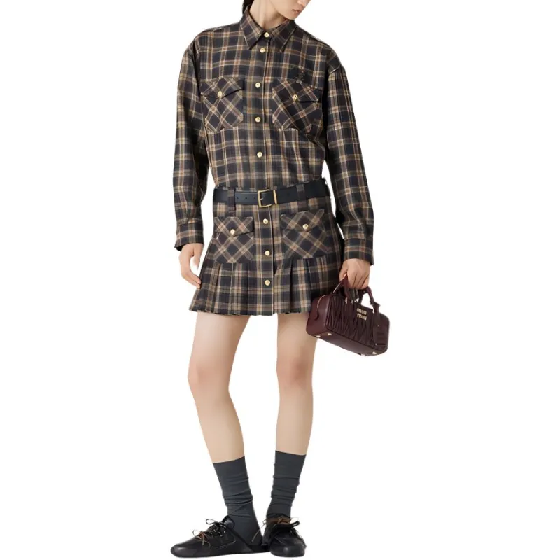 MIU MIU Logo-Embroidered Pleated Tartan Mini Skirt-1