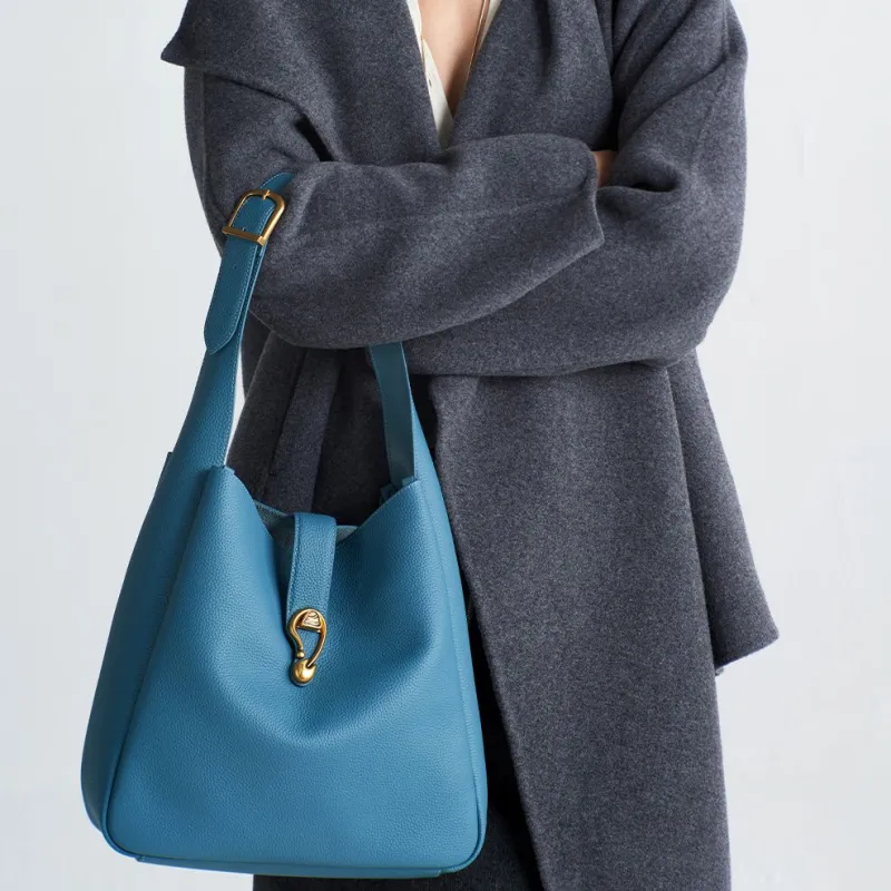 Simedin Cow Split Leather Bucket Bag Shoulder Bag Large Size Women's Bondi Blue/Elephant Gray-4