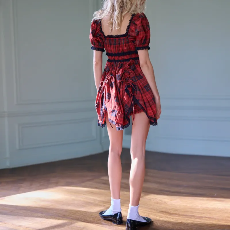 Selkie Collection FW24 Short Sleeved Dress Women's ROYAL TARTAN Red With Classic Plaid Print-2