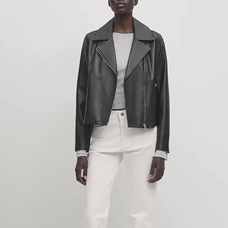 Massimo Dutti Leather Jacket Women's Black-2