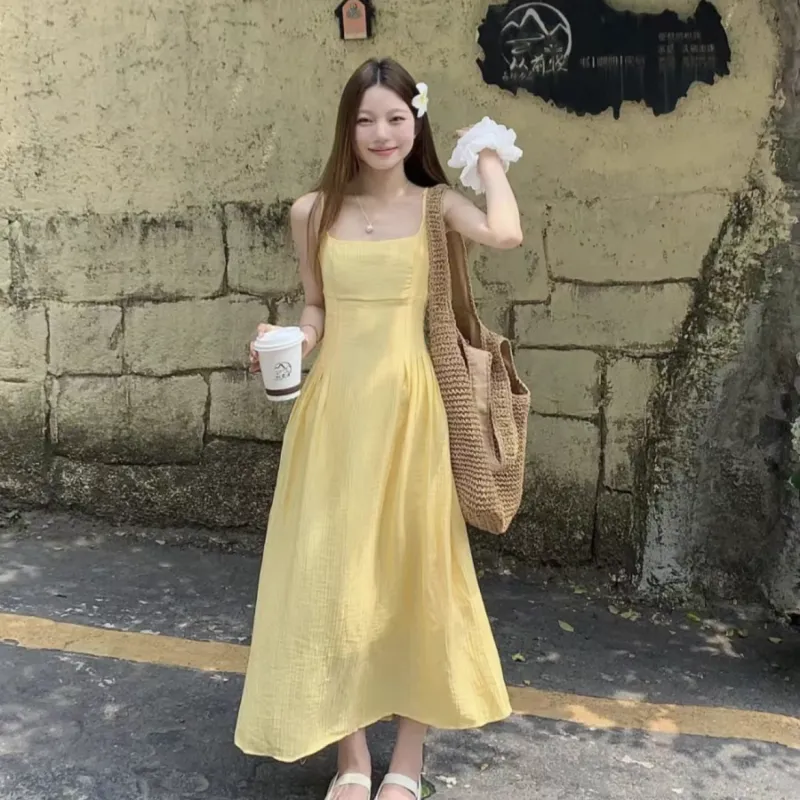 Qiuerle Slip Dresses Women's Yellow-3