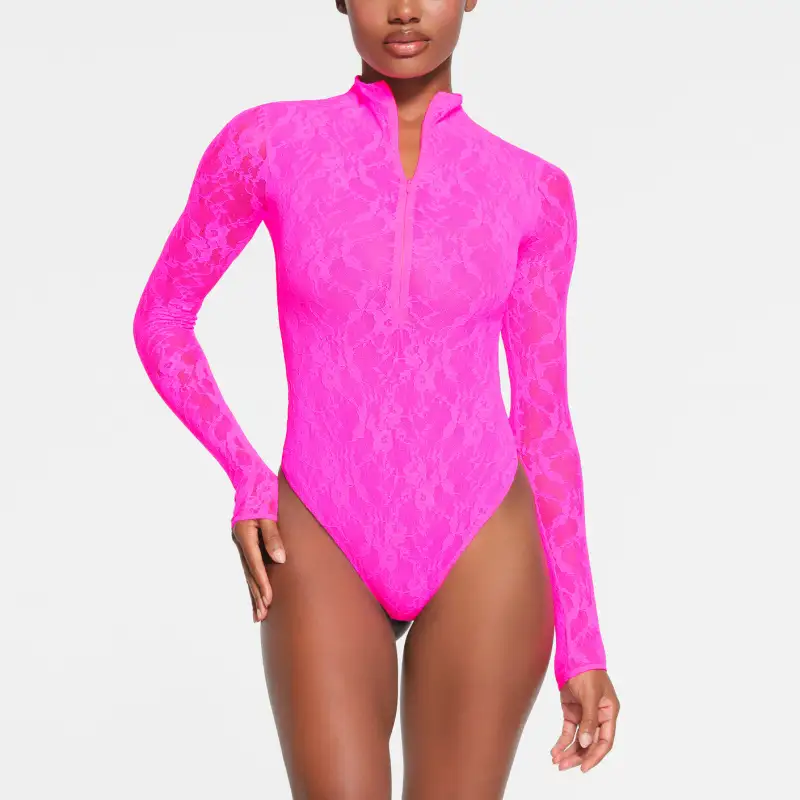 SKIMS STRETCH LACE LINED LONG SLEEVE THONG BODYSUIT Bodysuits Women's NEON PINK/Neon Pink-2