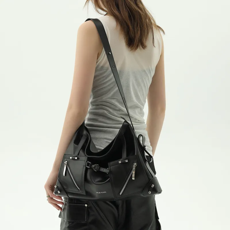 STAR TOWN Cow Leather Punk Biker Tote Bag, Shopping Bag, Handbag, Shoulder Bag Women's Polar Black-4