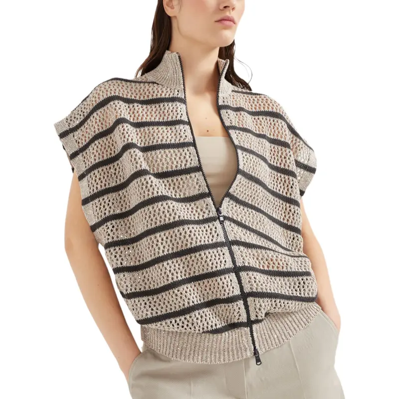 Brunello Cucinelli Striped Zipped Knitted Cardigan-3