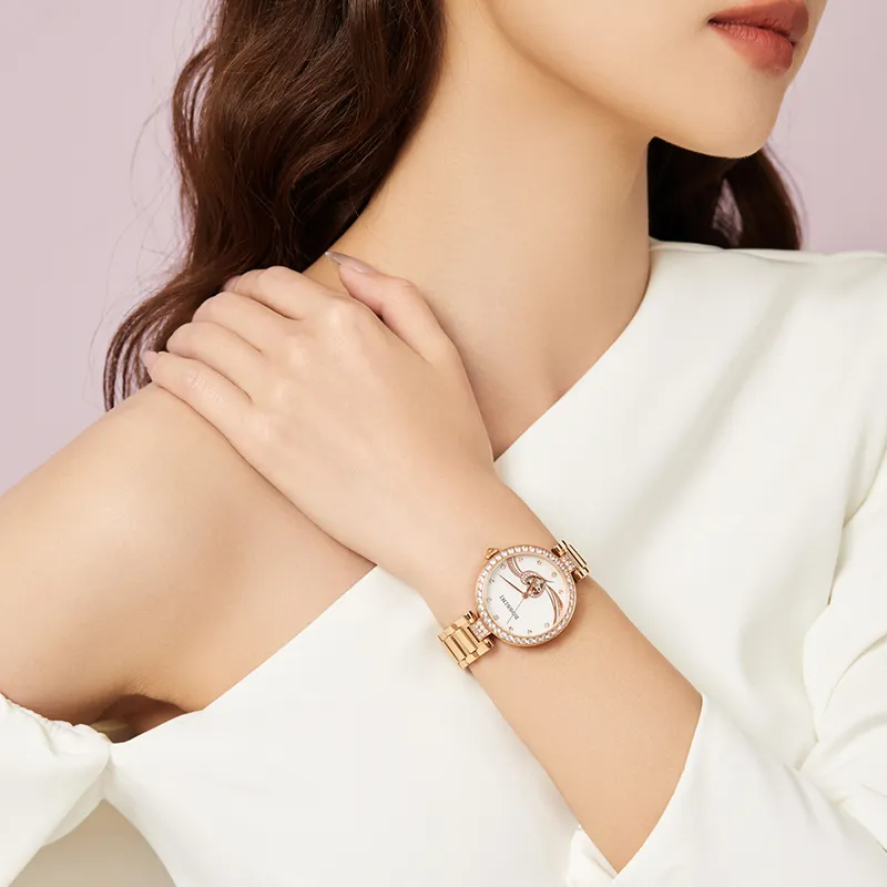 ROSSINI Mechanical Movement Ceramic Strap Watch Women's Watch Pink Watch Dial-1