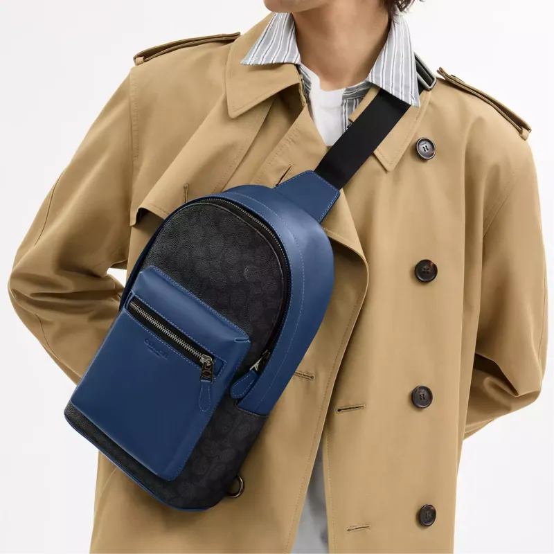 COACH Canvas Waist Bag Chest Bag Men's Charcoal Gray & Dark Blue-4