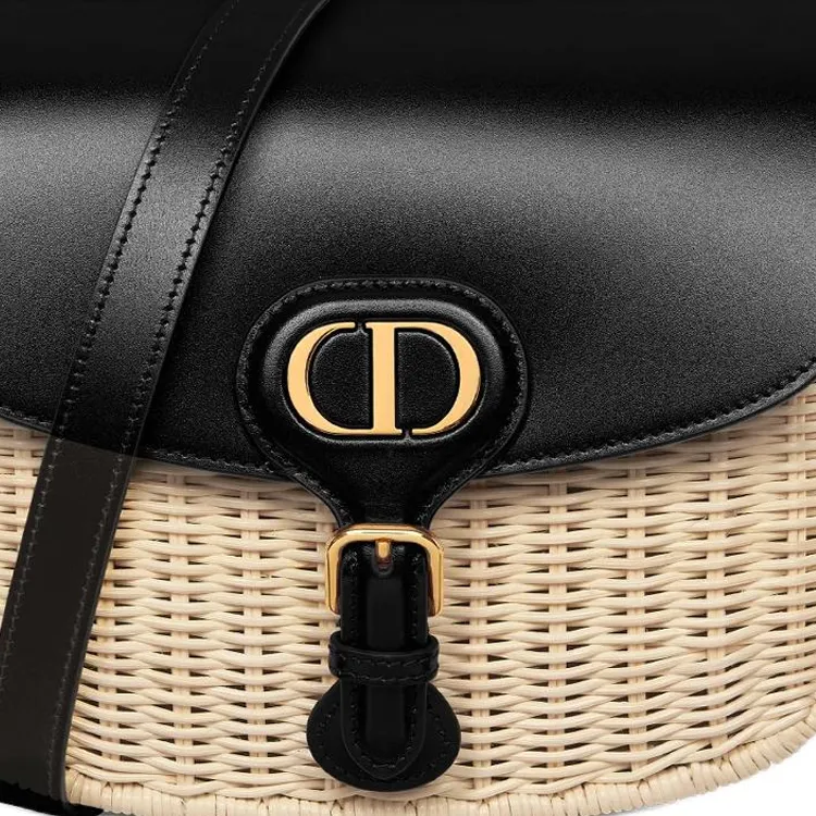DIOR Bobby Rattan With Calfskin Crossbody Bag, Shoulder Bag Medium Size Women's Natural & Black-5