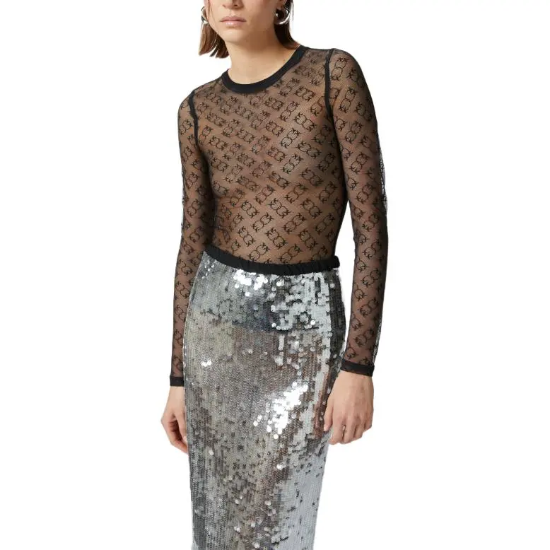 PINKO Monogrammed Sheer Lace Long Sleeved Top-3