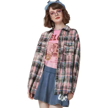 LALABOBO Shirt Women's Pink Blue Plaid