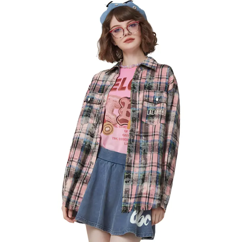 LALABOBO Shirt Women's Pink Blue Plaid-0