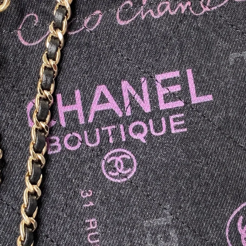 CHANEL Printed Denim Bucket Shoulder Bag Black-2