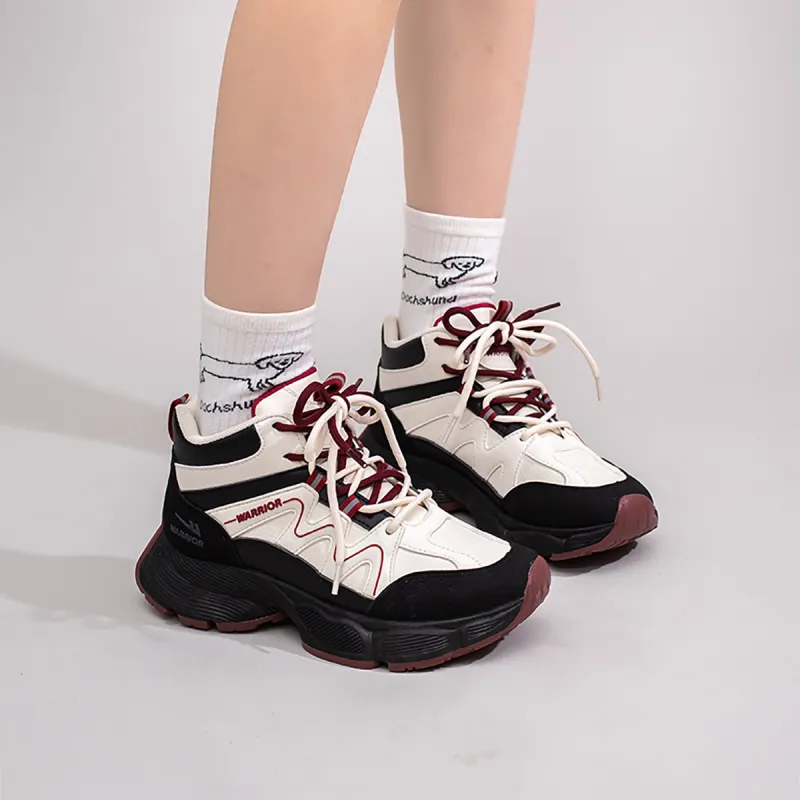Warrior Wear Resistant Slip Resistant High Top Chunky Sneakers Women's Beige Black Red-7
