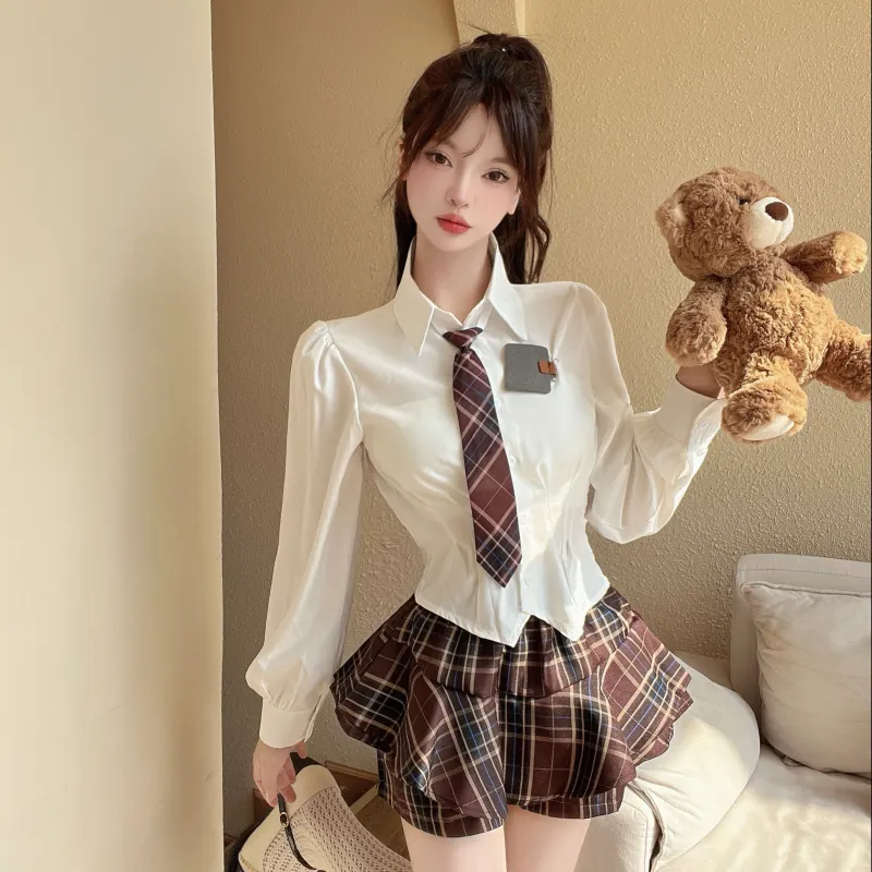 ONNFB Two Piece Skirt Sets Women's Shirt+Plaid Skirt-1