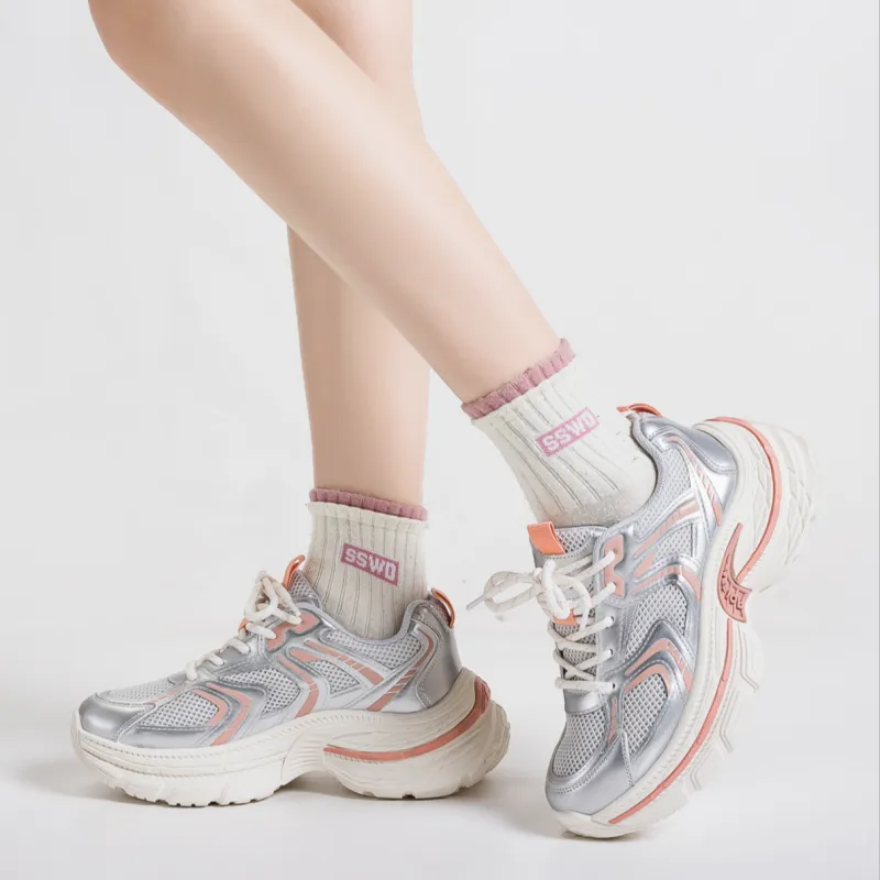 Warrior Anti Slip And Wear Resistant Height Increasing Low Top Chunky Sneakers Women's Silver Orange Pink-6
