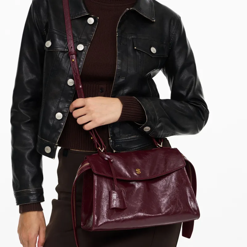 Simedin Top Grain Cow Leather/Synthetic Leather One Shoulder Handbag Women's Midnight Black/Ancora Red-9