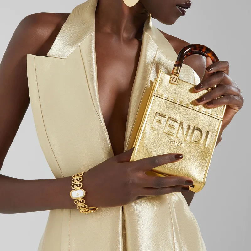 FENDI Sunshine Leather Tote Bag Shopping Bag Shoulder Bag Crossbody Bag Handbag Mini Women's Gold-4
