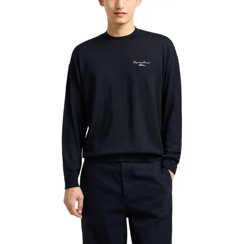 EMPORIO ARMANI Virgin wool Plain knit Jumper With Italic Logo Embroidery-1