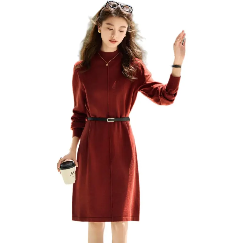 Mo Han Yi Mei Long Sleeved Dress Women's Maroon-4