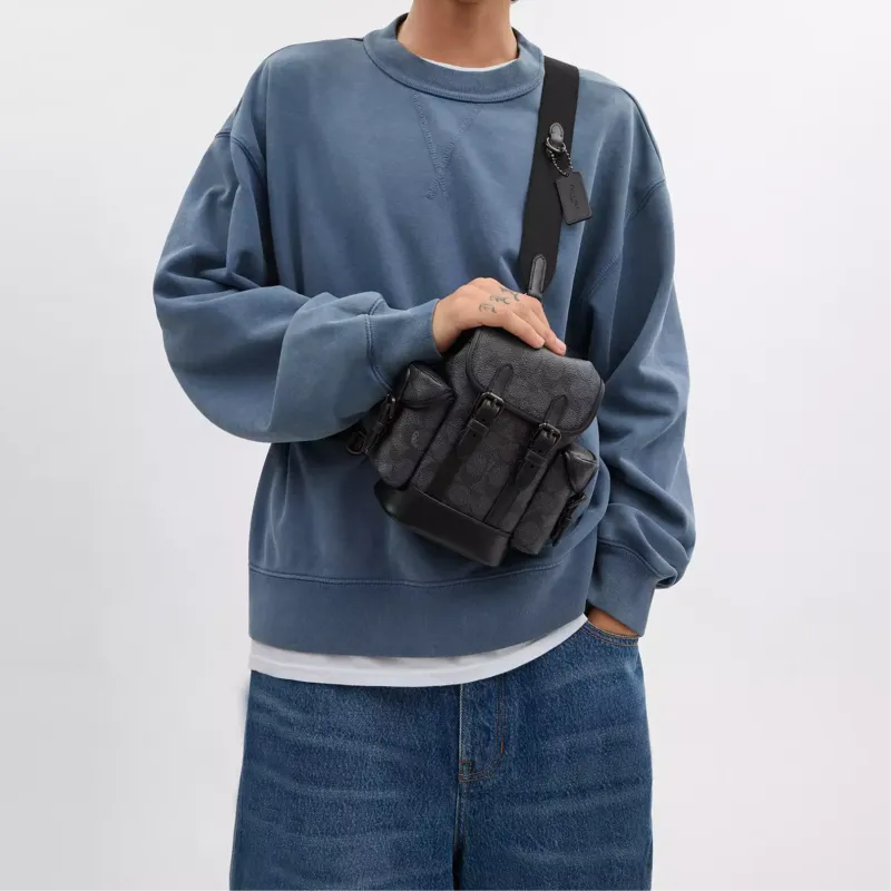 COACH Hitch Coated Canvas Shoulder Bag, Crossbody Bag Mini Men's Charcoal-3