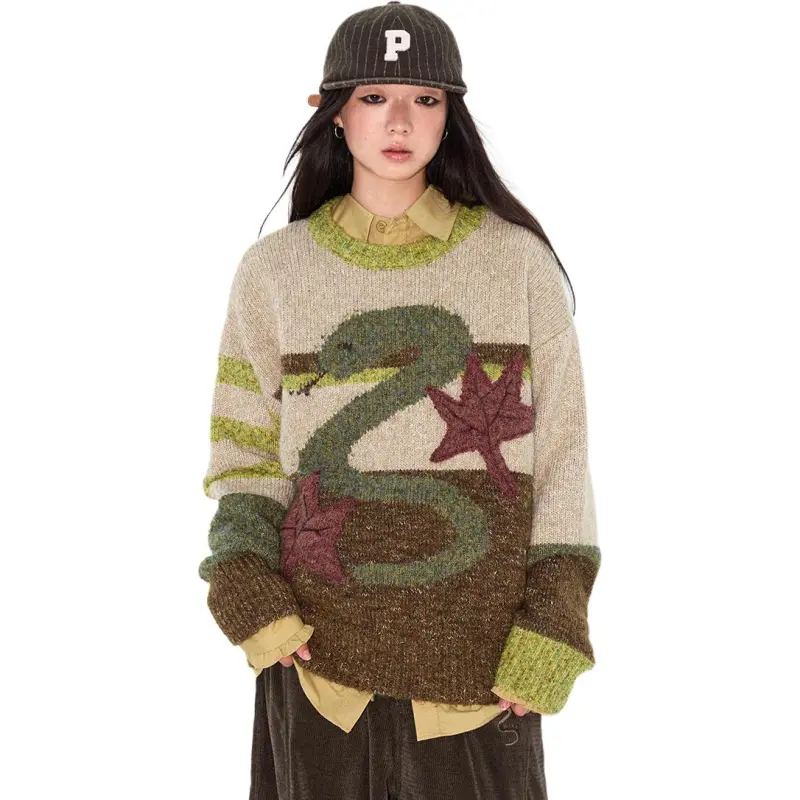 WULISHAONIAN Sweater Unisex Beige Green-3