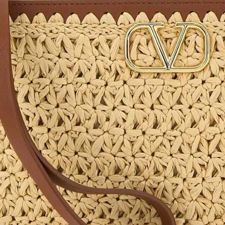 Valentino Vlogo Raffia Clutch Medium Size Women's Beige & Brown-3