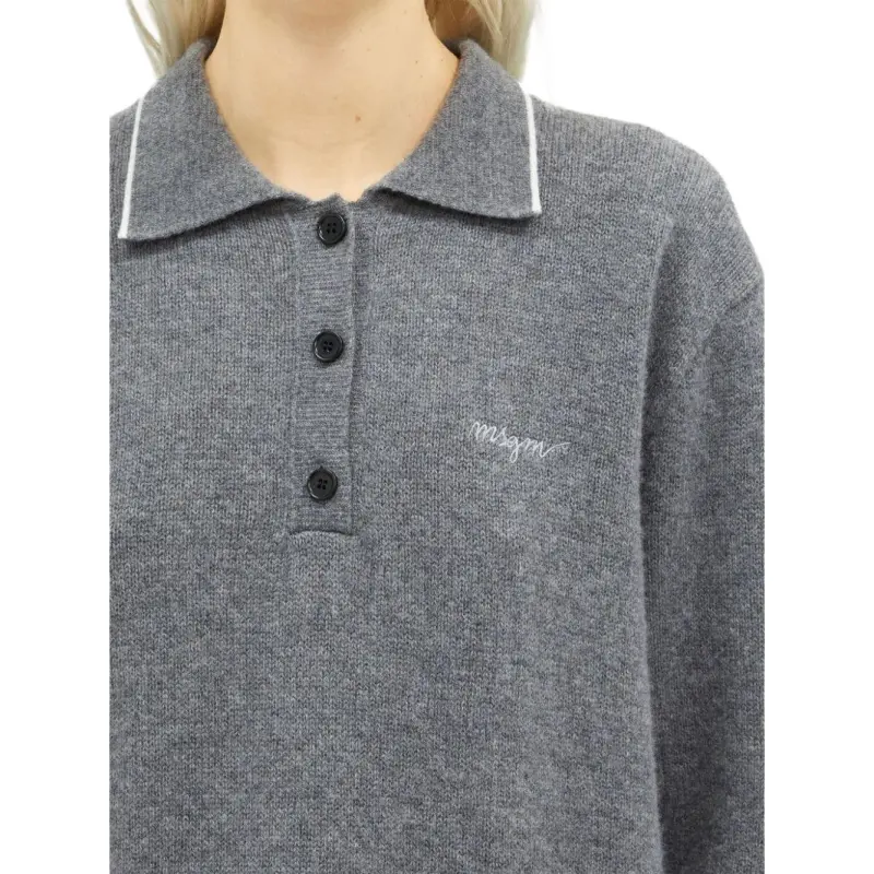MSGM Logo Embroidered Straight Hem Knitted Polo Shirt-4