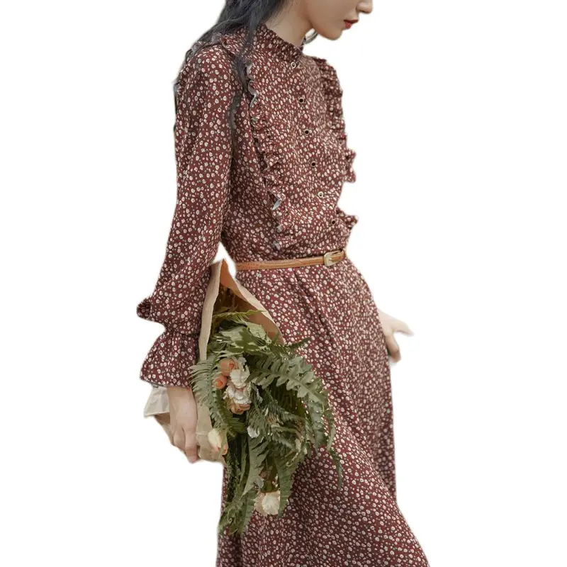 SOLIGHTER Long Sleeved Dress Women's Maroon-1