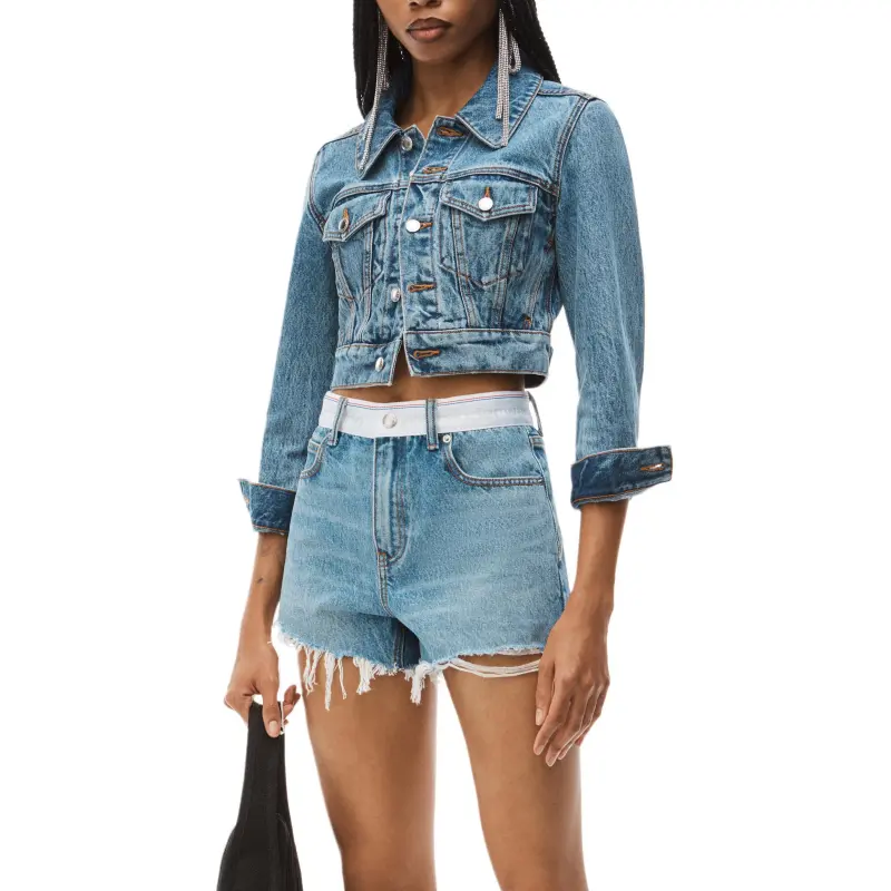 T By Alexander Wang Logo Webbing High Rise Bite Shorts Vintage Light Indigo-2