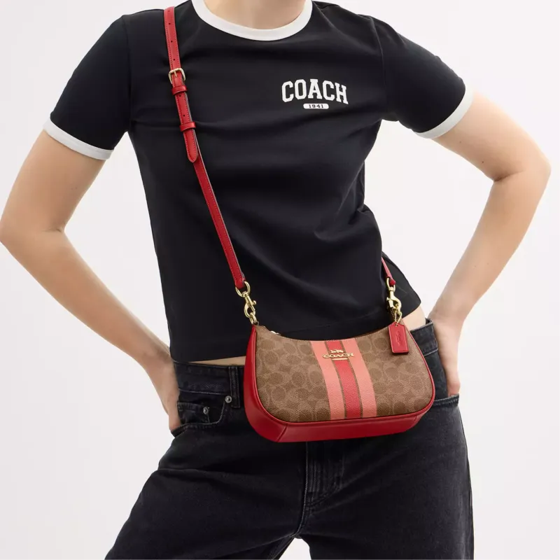 COACH Teri Coated Canvas Handbag, Shoulder Bag Medium Size Women's Brown & Red-6