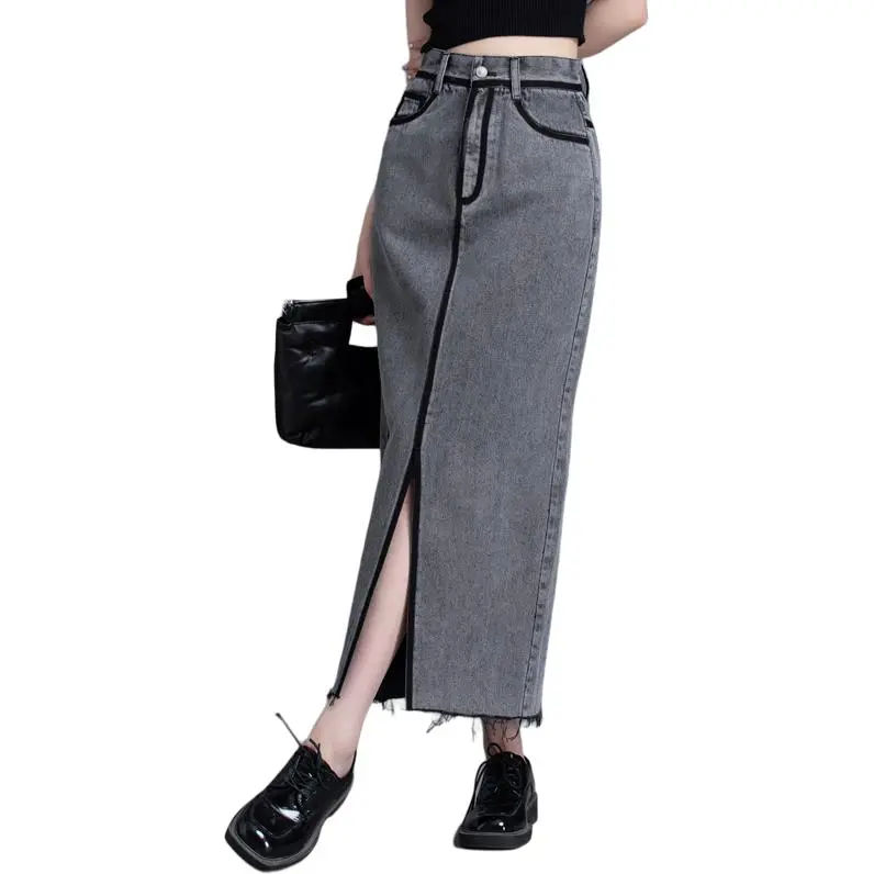 You Cow Me Pants Denim Long Skirts Women's Gray-8