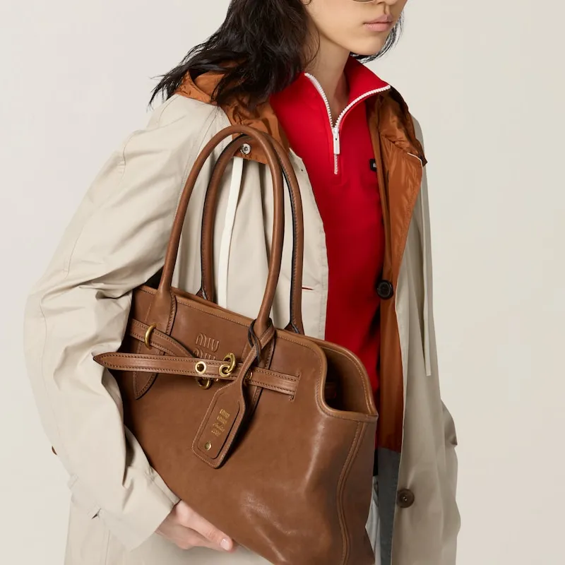 MIU MIU Lambskin Handbag Large Size Unisex Brown-5