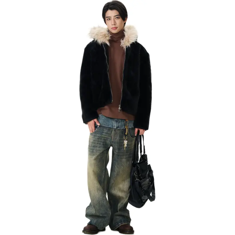 WLNEXT Fur Collar Coat Trendy Brand Premium Effortless Style Puffer Jacket Unisex Black-3